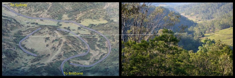05BorderRanges2A.jpg - The XPT (Express Passenger Train) travelling through the "spiral loop"in the Brisbane to Sydney direction. The XPT has travelled through the first short tunnel with the white line showing the position